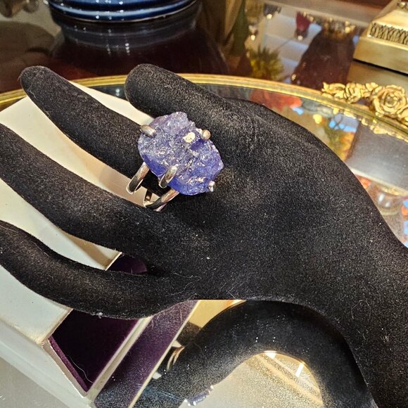Aryo Raw Rough Purple Tanzanite & 925 Sterling Silver Statement Ring Size 10 - Picture 3 of 11